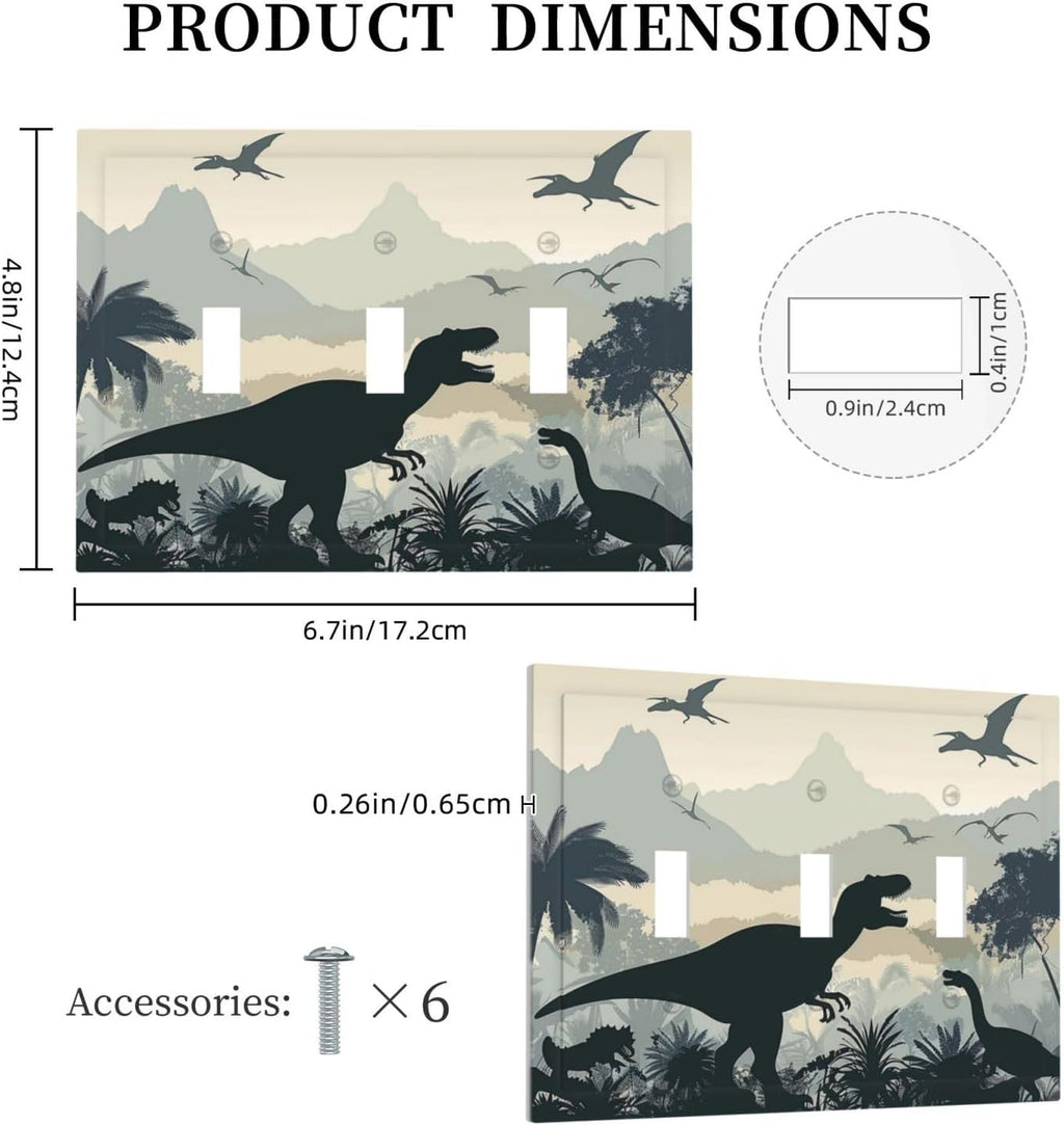 Decorative Switch Plates Prehistoric World Dinosaur Cartoon Fores 3 Gang Wall Plate Triple Toggle Light Switch Cover Faceplate Electrical Wall Panels for Kids Room Nursery Decor