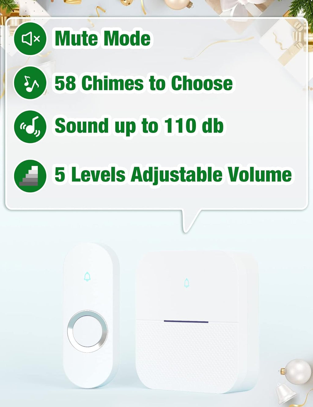 AIDA Lighted Wireless Doorbell for Home, Waterproof Battery Doorbell 1,000ft Range, 5 Volume Levels with 58 Doorbell Chimes & LED Flash (White, Doorbell with 1 Button & 2 Receiver)