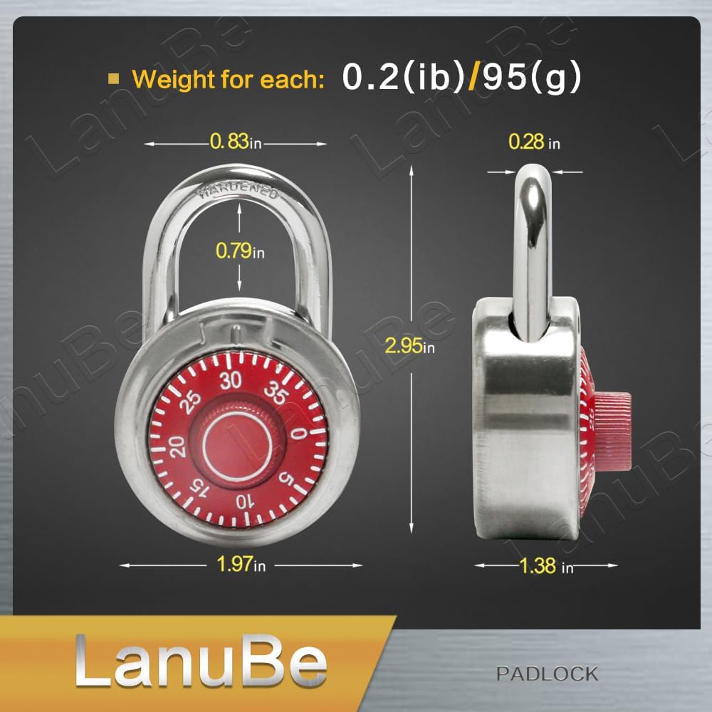 LanuBe Standard Dial Combination Lock, 2 inches. Wide, with Different Combinations, Red Turnplate, Pack of 12; Lock for School, Employee, Gym Sports Locker, Case, Toolbox