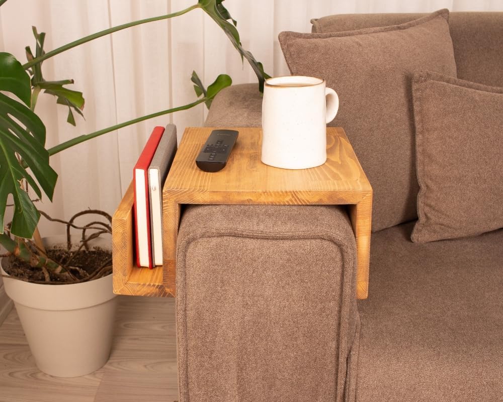 Wooden Couch Arm Tray – Sofa Armrest Table with Book & Magazine Holder, Perfect for Coffee & Remote Control, Solid Wood (Madrid)
