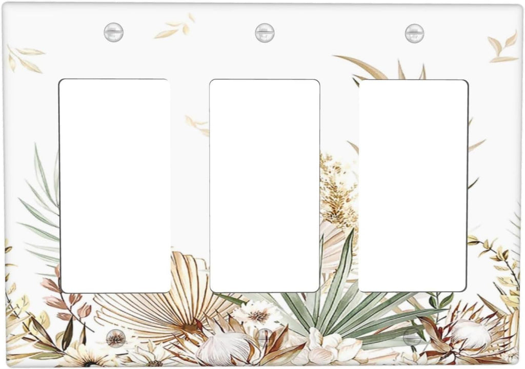 Light Switch Covers Boho Leaves Watercolor Tan Leaf Floral Plant 3 Gang Rocker Electrical GFCI Decorative Triple Outlet Wall Plate Cover Switchplate for Bedroom Home Decor