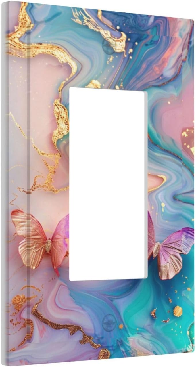 Colorful Marble Butterfly Gold Glitter Abstract Print Decorative Outlet Covers 1 Gang Single Rocker Light Switch Cover Plate Wall Plates GFCI Faceplate for Bed Room Living Room Decor