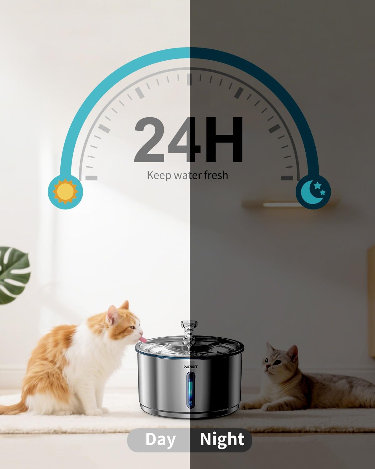 NPET Stainless Steel Cat Water Fountain, 1Gallon/135oz Automatic Pet Drinking Fountain Dog Water Dispenser with 8 Replacement Filters for Cats Indoor