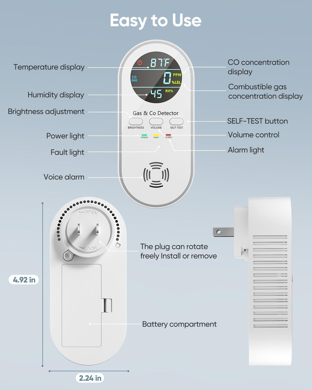5-in-1 Carbon Monoxide Detectors, Natural Gas Leak Detector, Plug-in & Battery Backup Co Detector, HD Digital Display, CO Gas Temp Humidity Sensor, 3-Pcs, White