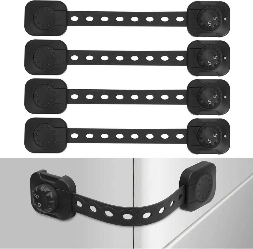 Songaa Child Safety Cabinets Strap Locks 4 Pack - Adjustable Baby Proofing Cabinet Latches for Drawers, Oven, Dishwasher, Fridge, Toilet Seat, Trash Can, with 3M Adhesive Pads - Black