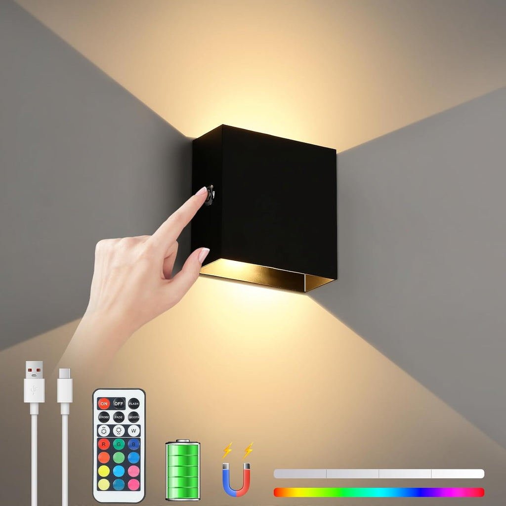 Lightess RGB Battery Operated Wall Sconce with Remote, Dimmable LED Wall Light Rechargeable, Up Down Wall Mount Lights for Hallway Living Room, Black, LG9945887