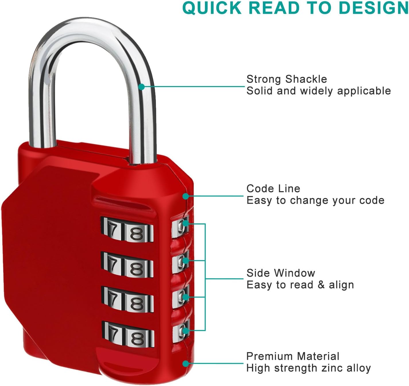 ZHEGE Combination Lock, 4 Digit Outdoor Combination Padlock for Gym, School, Gates, Doors, Hasps and Storage (Red)