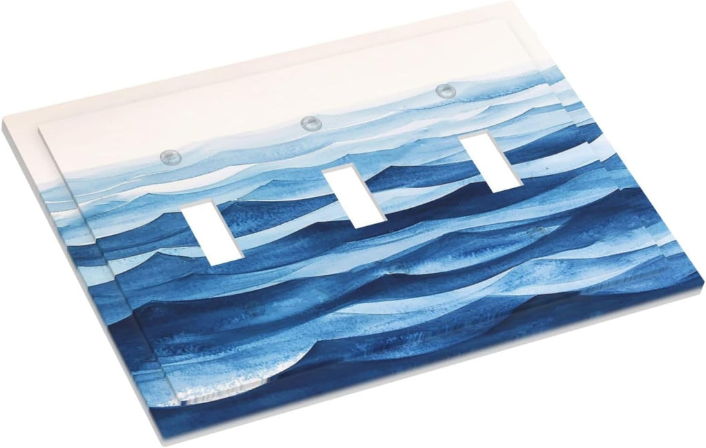Decorative Light Switch Cover Plate Blue Watercolor Textured Abstract Ocean Wave 3 Gang Wall Plate Triple Toggle Switch Plate Covers Electrical Outlet Cover for Bedroom living Room Decor