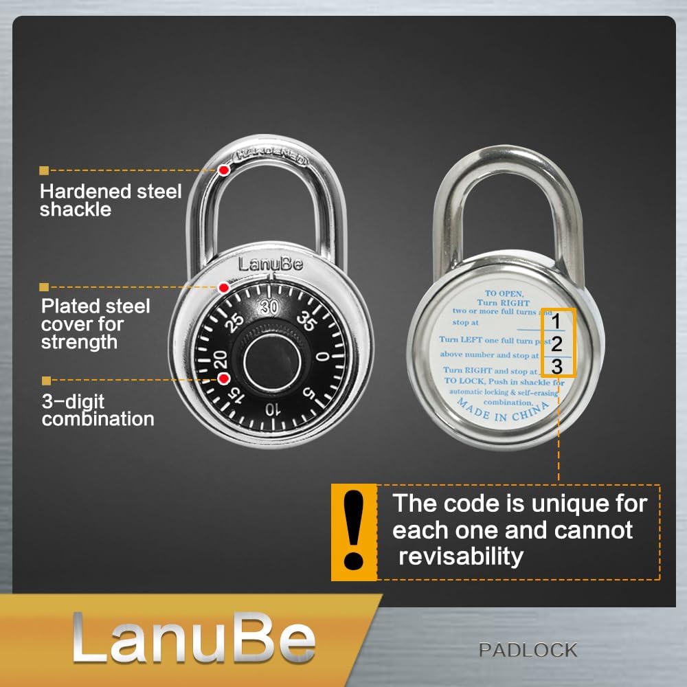 LanuBe Lock Standard Dial Combination Lock, 2 in. Wide, with Different Combinations, Black Turnplate, Pack of 24; Lock for School, Employee, Gym & Sports Locker, Case, Toolbox, and so on