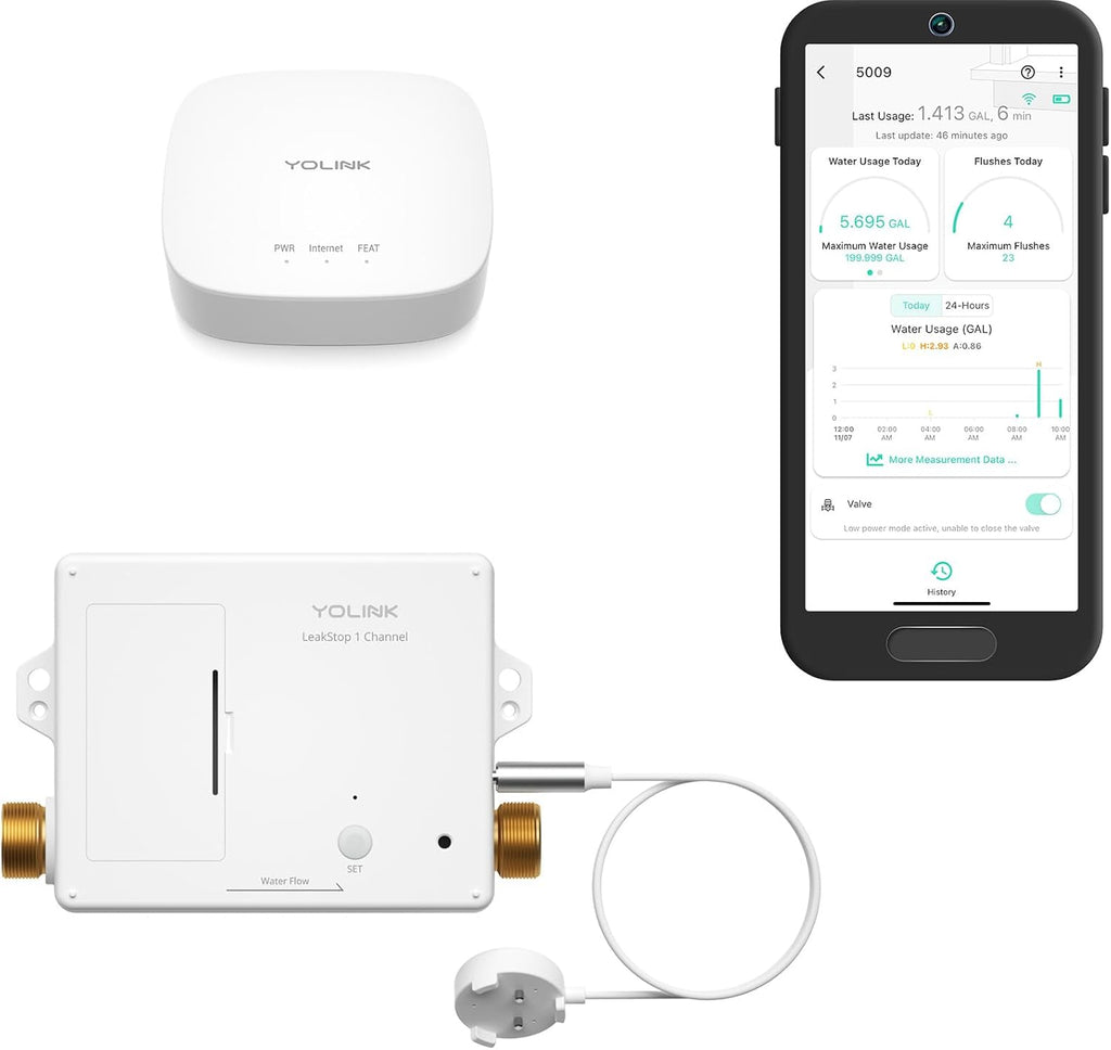 YoLink LeakStop 1-Channel for Toilets/Sinks, Auto Shutoff Valve & Leak Detector, Real-Time Monitoring, LoRa Long-Range, 2 AA Up to 5-Year Battery, App/SMS/Email Alerts – Hub Included