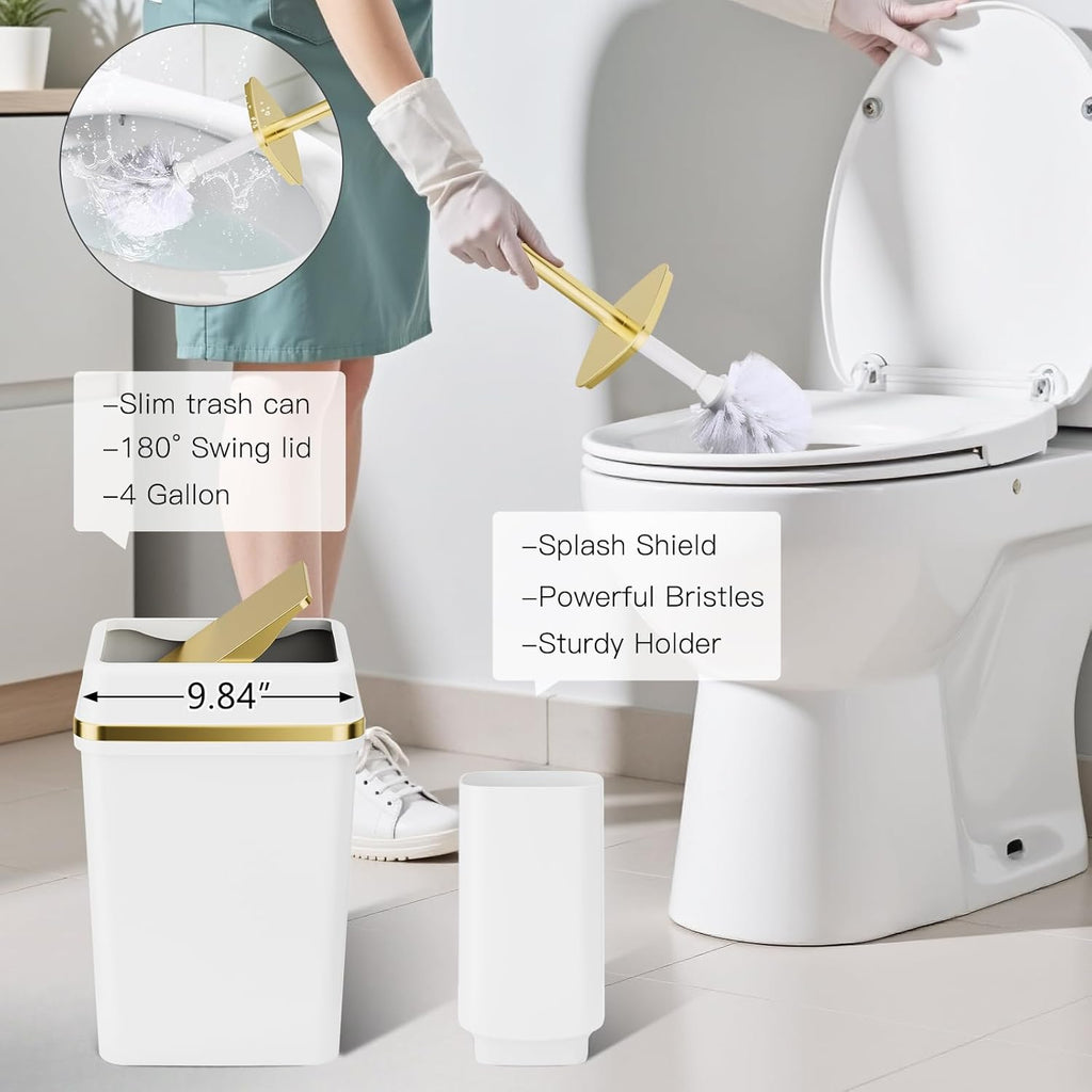 25PCS Bathroom Accessory Set, White Bathroom Set with Large-Capacity 4 Gallon Trash Can,Bathroom Rugs Set, Waterproof Shower Curtain, Toilet Brush, Toothbrush Holder & Soap Dispenser