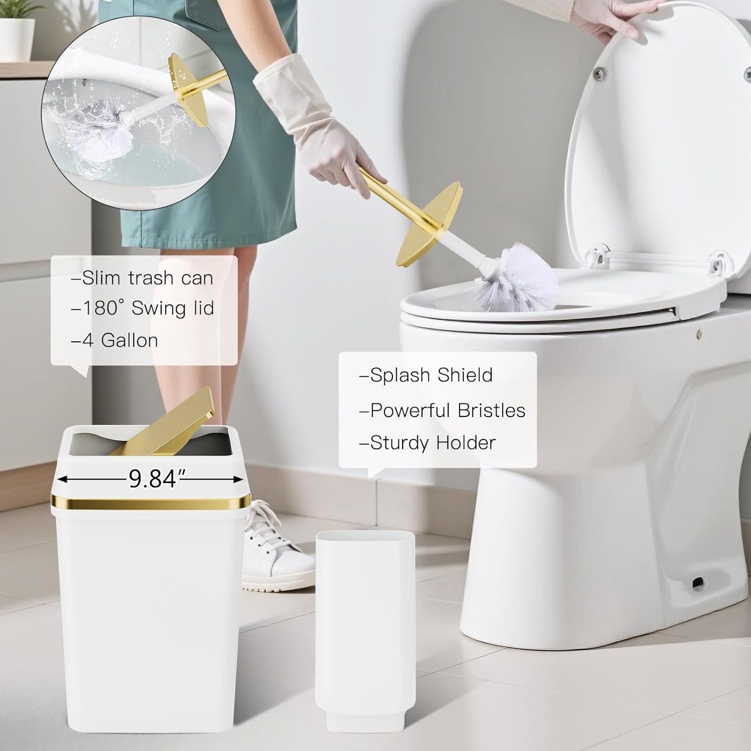 25PCS Bathroom Accessory Set, White Bathroom Set with Large-Capacity 4 Gallon Trash Can,Bathroom Rugs Set, Waterproof Shower Curtain, Toilet Brush, Toothbrush Holder & Soap Dispenser