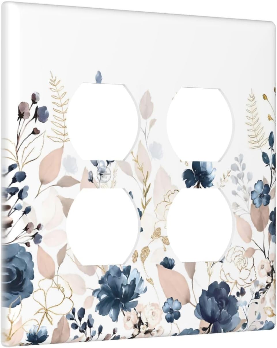 Blue Flora Boho Vintage Flower Golden Leaves Outlet Covers 2 Gang Double Duplex Decorative Light Switch Covers Electrical Wallplates Socket Faceplate for Bedroom Living Room Decor