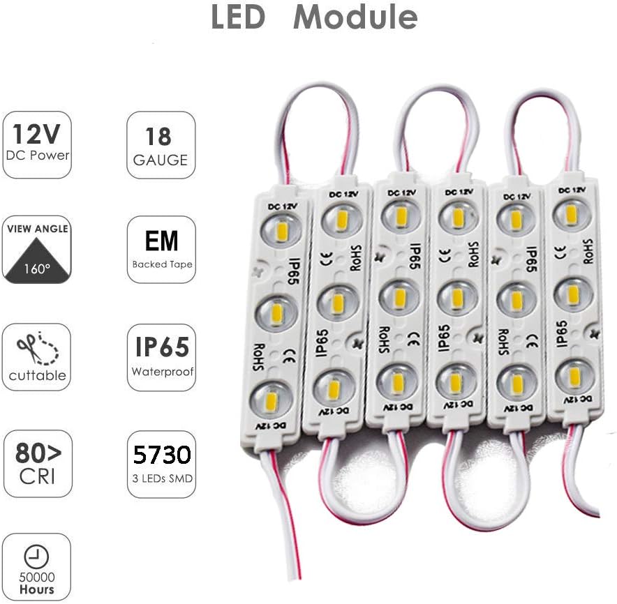 LED Module Windows Lights - 3000K White, 100pcs, 49.8 Ft, 5730 SMD, 150LM Per Module, IP65 Waterproof for Advertising Signs With Tape Adhesive Backside (No Power Supply)
