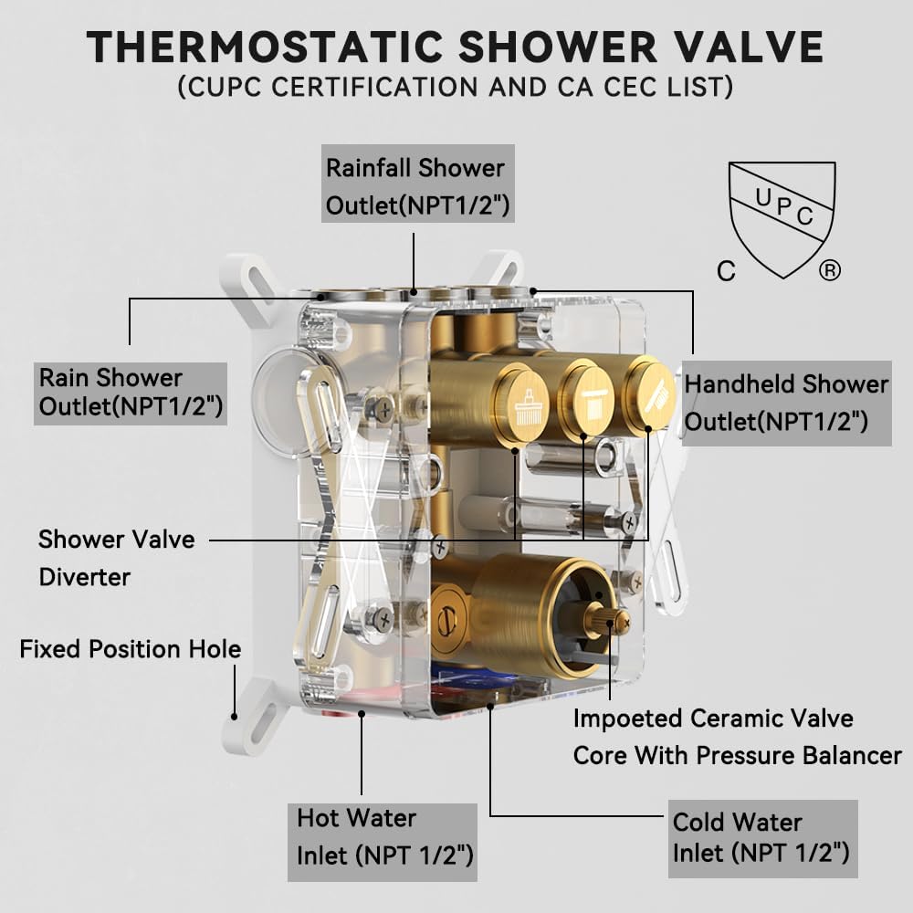 Brushed Gold Shower System, STARBATH Ceiling Mounted 12+8 Inch Rainfall Shower Head with 2 in 1 High Pressure Handhled, Can Use All at Once, Push Button Diverter Thermostatic Valve with Trim Kit
