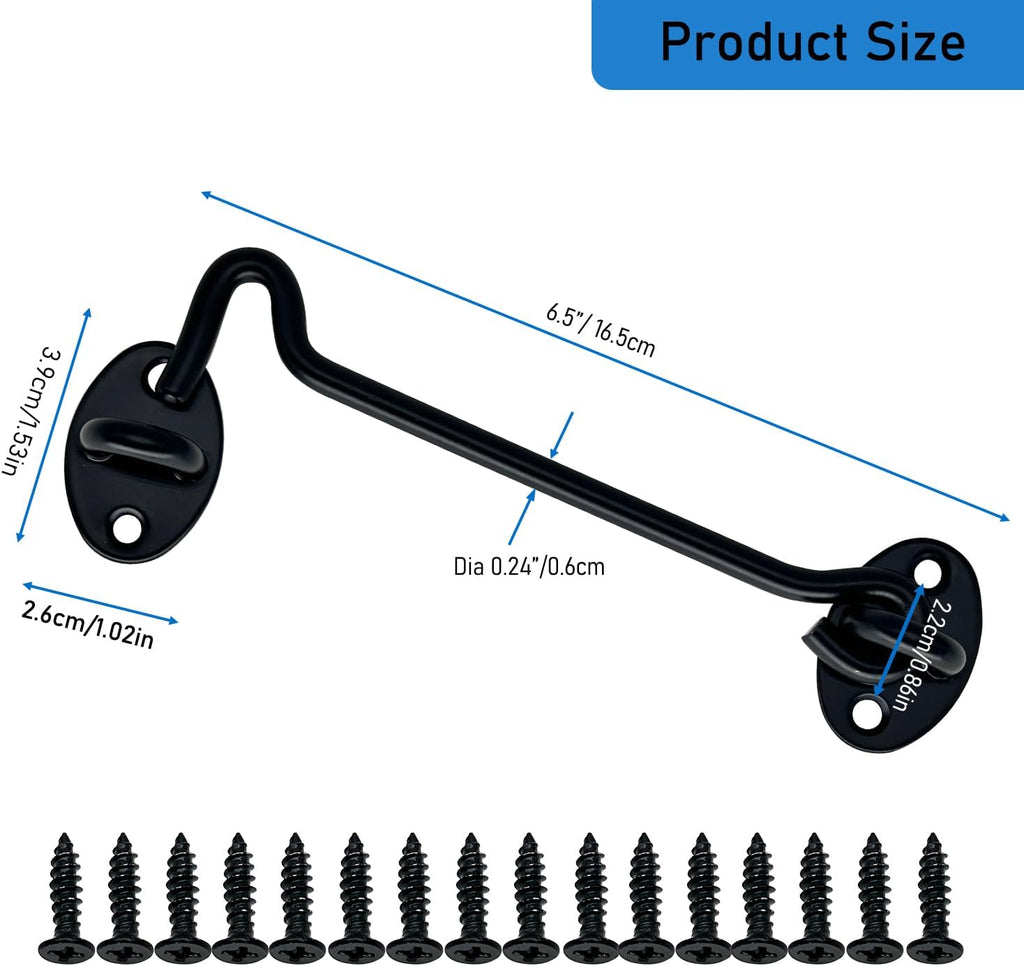 4 Pack 6" Hook and Eye Gate Latch, Stainless Steel Rust-Resistant Barn Door Lock Cabin Hooks for Gate Shutters Window Slide Barn Shed Cabinet Bathroom, with 16pcs Screw,Black