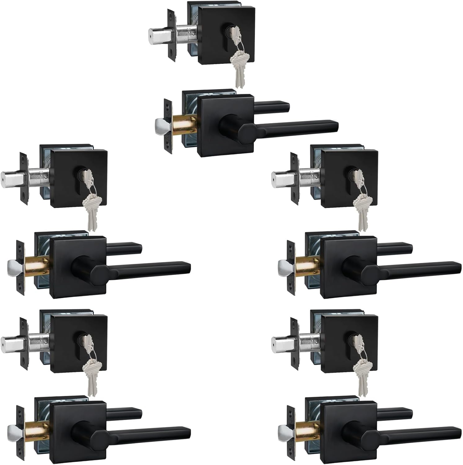 5 Sets Passage Door Lever and Single Cylinder Deadbolt Lock Set, Heavy Duty Square Handle for Entrance and Front Door, Matte Black, Different Keys