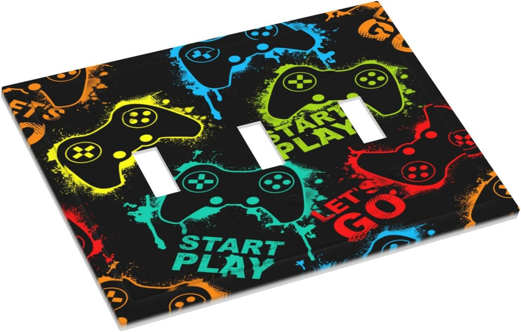 Decorative Light Switch Plate Covers Gamepad Theme Graffiti 3 Gang Light Switch Cover Triple Toggle Wall Plate Outlet Covers for Game Room Bedroom Home Decor
