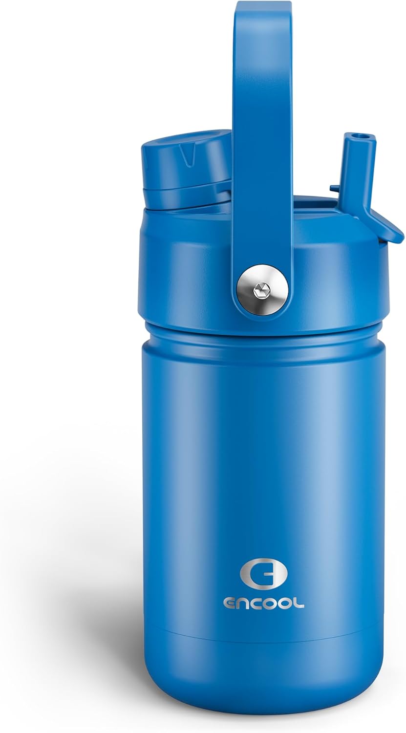 Kids Insualated Water Bottle with Straw - 12oz Stainless Steel Water Bottle with Dual Spouts, Leak-Proof, BPA-Free, Double Wall Vacuum Keeps Cold for 24 Hours for Sports, Travel, School (Celtic Blue)