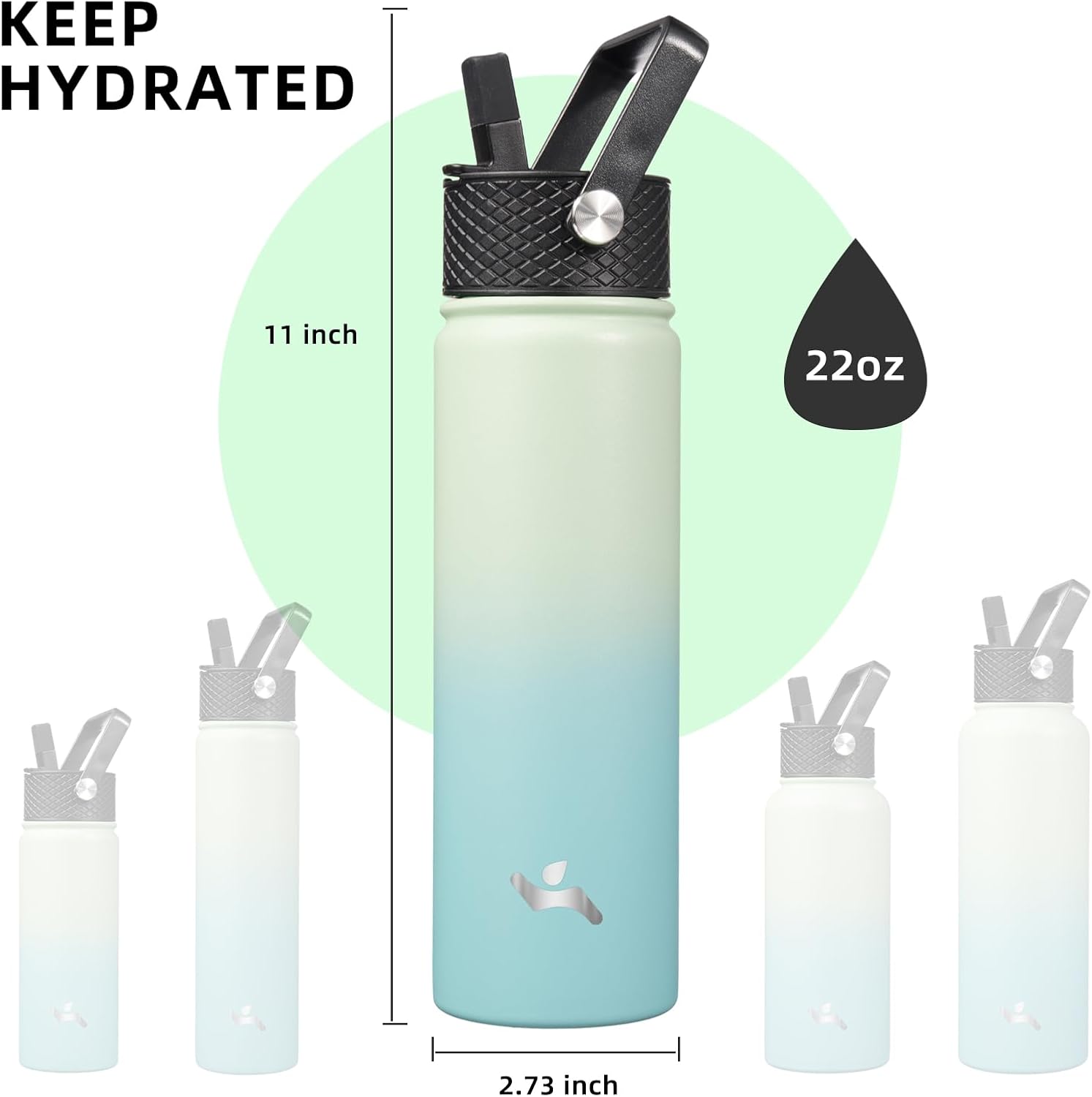 22oz Stainless Steel Bottles with 3 Lids Sport Insulated Water Bottle,Mint