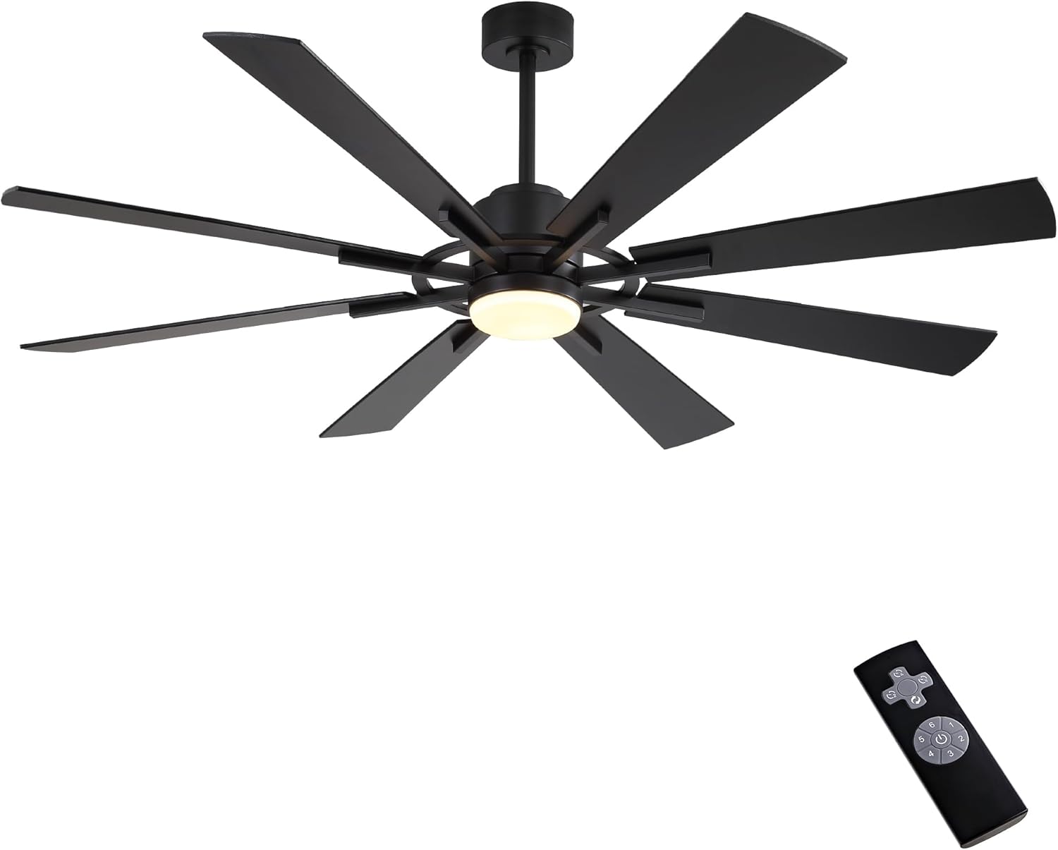 WINGBO 60" DC Ceiling Fan with Lights and 3 Downrods, Matte Black Ceiling Fan, 8 Plywood Blades, 6-Speed Reversible DC Motor, Large Ceiling Fans for Kitchen Bedroom Living Room