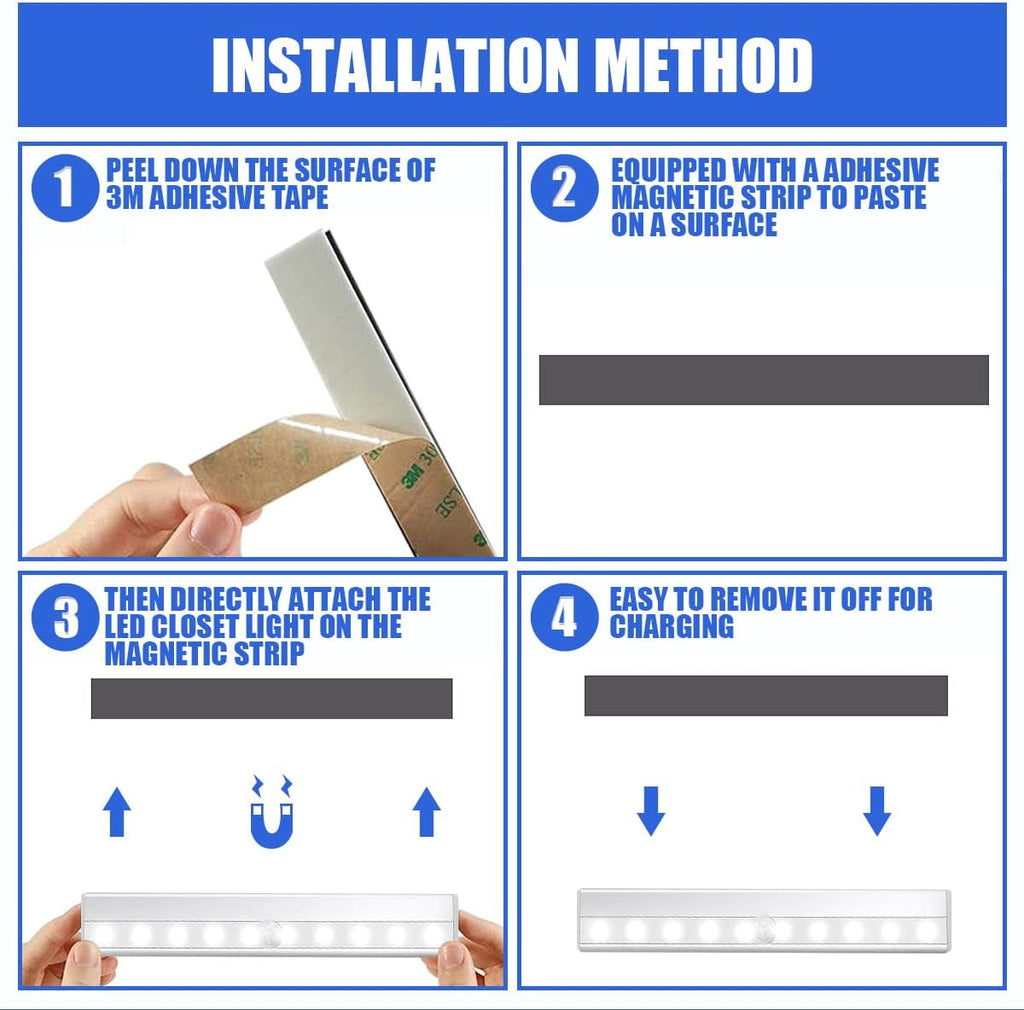 Cabinet Lighting 10 LED Closet Light, Motion Sensor Lights Indoor Dimmable Wireless Stick-on Night Light Bar for Kitchen, Wardrobe, Garage, Stairs, Bedroom (3 Packs)