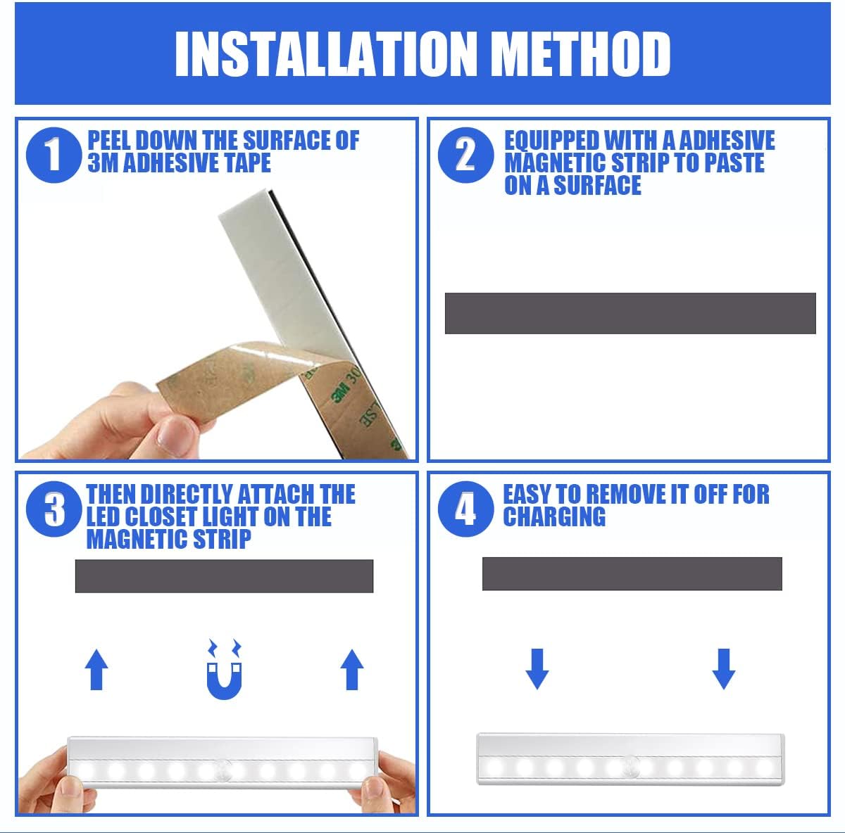 Cabinet Lighting 10 LED Closet Light, Motion Sensor Lights Indoor Dimmable Wireless Stick-on Night Light Bar for Kitchen, Wardrobe, Garage, Stairs, Bedroom (3 Packs)