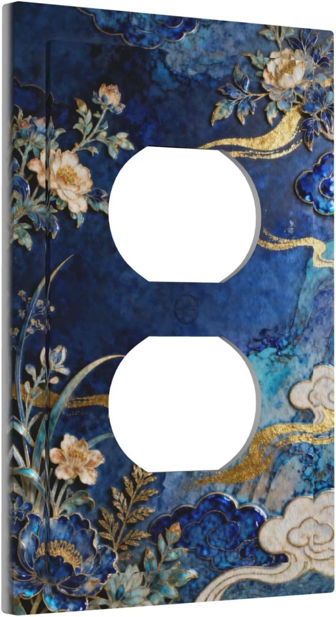 Decorative Outlet Covers Blue White Flower Gold Line Cloud 1 Gang Duplex Light Switch Cover Plate Unique Wall Plates for Electrical Outlets Switch Plate Covers for Bedroom Home Decor