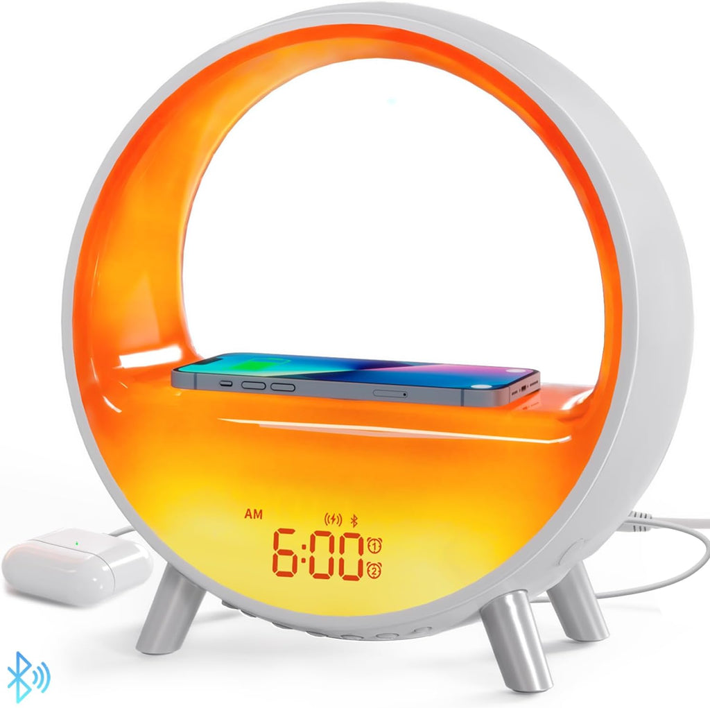 MOMILLA Sunrise Alarm Clocks with Bluetooth Speaker, White Noise Sound Machine with with Wireless Charging Station, 11 Lights Effects Night Light, Wake up Light Sunset Lamp Bedrooms for Adults Kids
