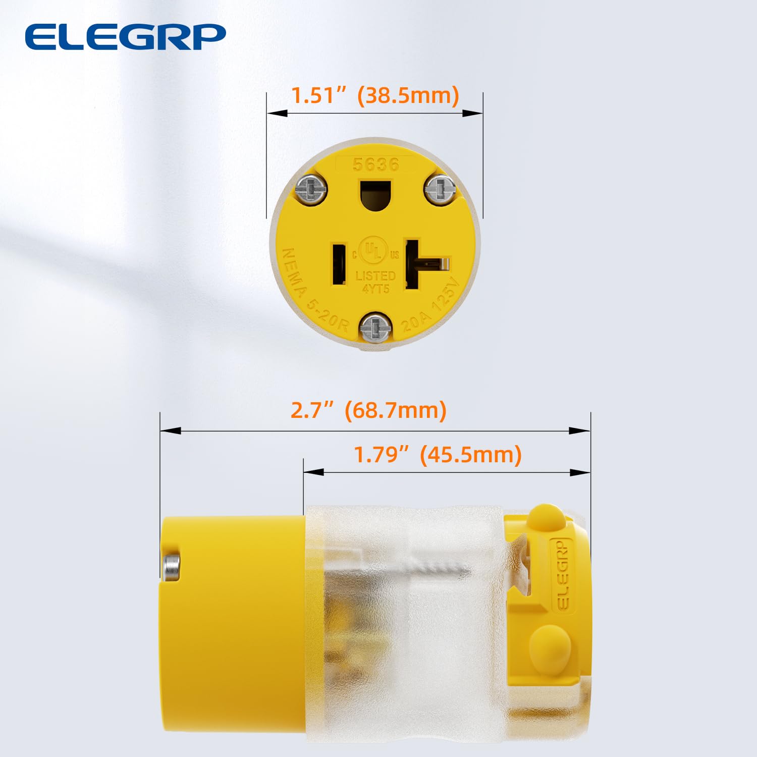 ELEGRP Lighted 20 Amp 125 Volt NEMA 5-20R 2 Pole 3 Wire Grounding Straight Blade Electrical Plug Replacement Cord Outlet Commercial Grade, Yellow, 2 Pack