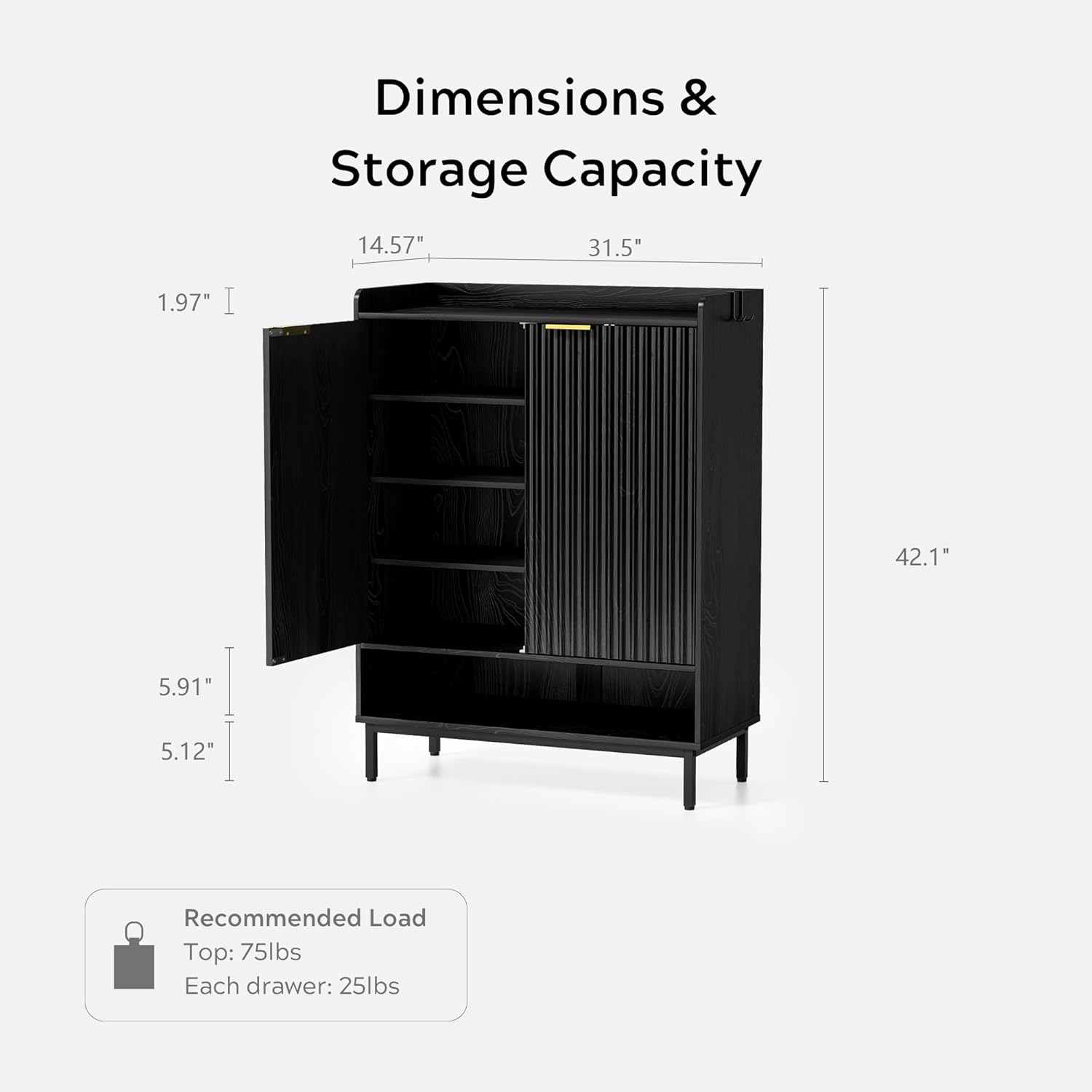 Fluted Shoe Cabinet with Doors, Large Wooden Shoe Storage Cabinet with Hanging Rod, Modern Tall Freestanding Shoe Rack Organizer for Entryway, Hallway Black