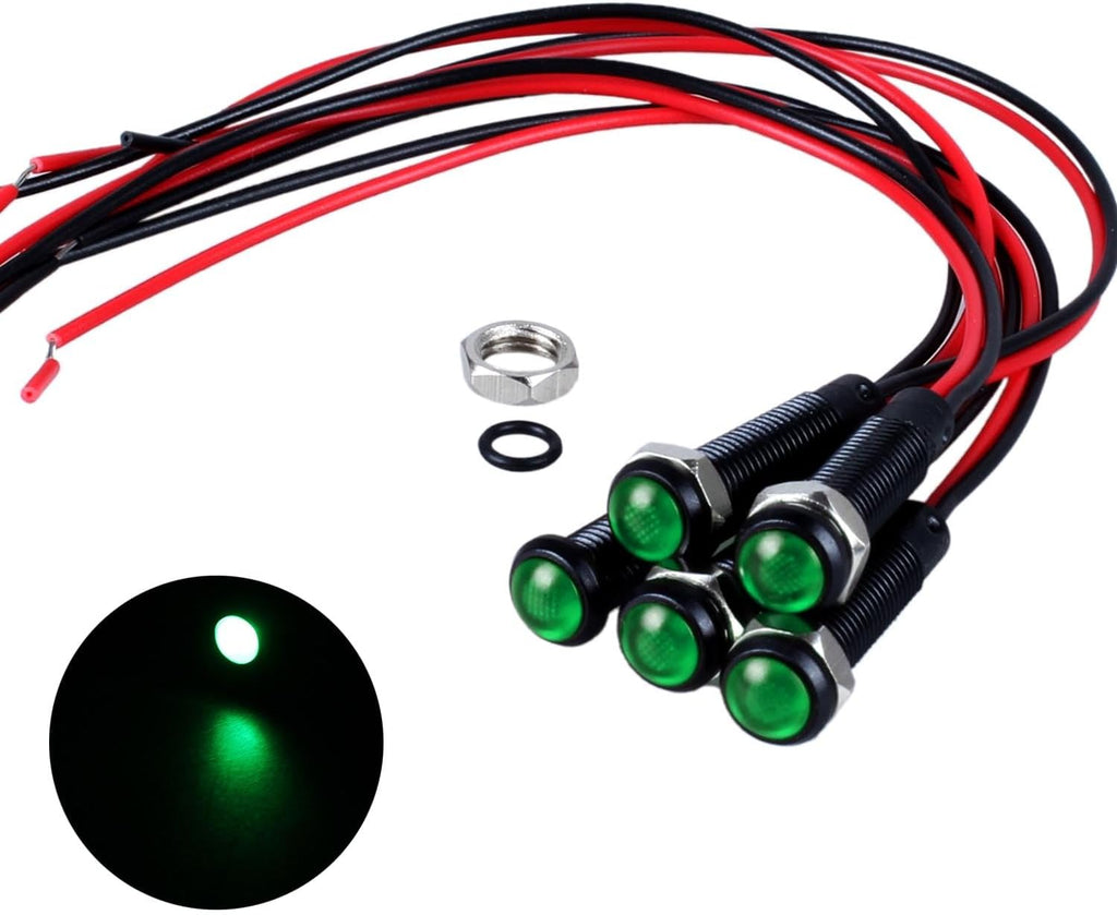 5pcs 6mm LED Indicator Light Plastic Black Signal Dot Lamp 110-220VAC 1/4" Mounting Hole Size with 15cm/5.9in. Wire (Green LED)