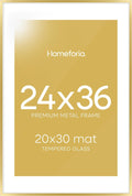 Homeforia 24x36 Gold Picture Frame, High End Metal 24 x 36 Large Poster Frames with Mat 20 by 30 inch Photo, 24x36 Gold Frame Matted to 20x30 for Print, 36x24 Frame, Tempered Glass, Wall Kit, Set of 1