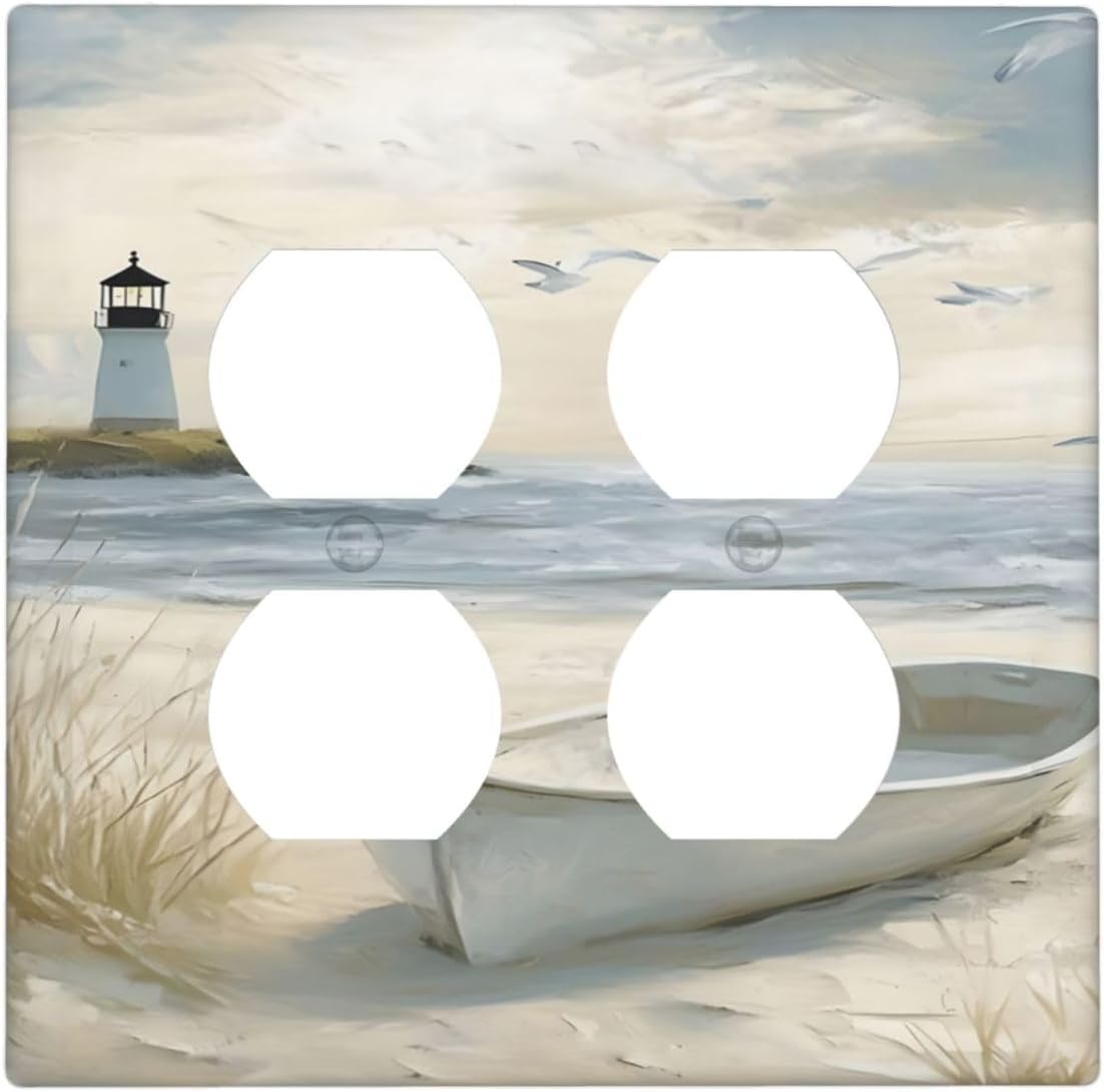 Decorative Outlet Covers Seascape Painting with Lighthouse Boats 2 Gang Wall Plate Double Duplex Receptacle Light Switch Covers Switch Plate Cover for Bedroom Home Decor