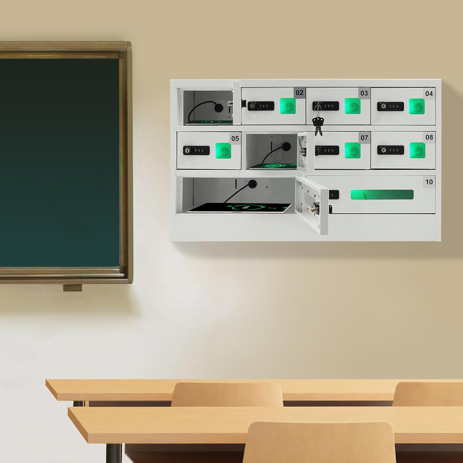 Cellphone Charging Station with Combination Lock, 10 Slots Cellphone Locker Mobile Device Phones Storage Pocket with 3-in-1 Charging Ports for Office Classroom Hotel (10 Slots)