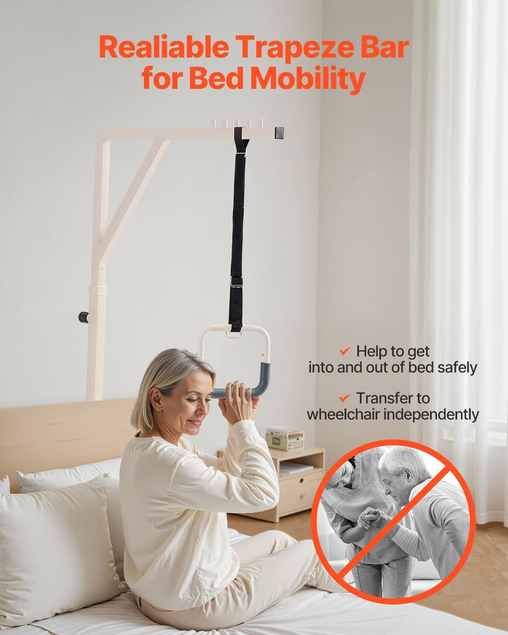 VEVOR Trapeze Bar for Bed Mobility, Height-Adjustable Bed Trapeze with 2 Casters, 350LBS Weight Capacity Heavy Duty Pull Up Trapeze Bar with Floor Stand for Elderly, Disabled, Bedridden Patients