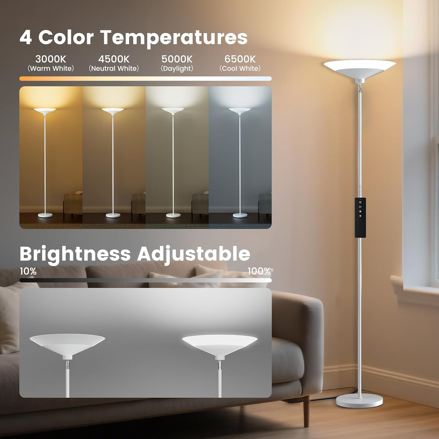 White Torchiere Floor Lamp - 30W Dimmable LED Standing Lamp with Remote/Button Control, 1800Lm, 3000-6500K, 72in Bright Standing Pole Light for Living Room Bedroom Office Corner
