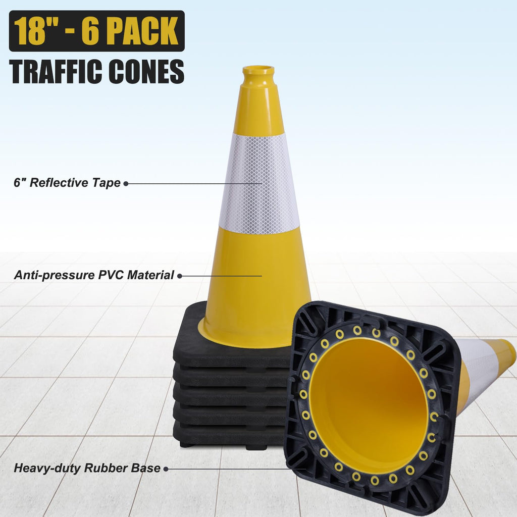 6 Pack 18" Inch Yellow PVC Traffic Cones with Heavy-Duty Base, High-Visibility All-Weather Safety Cones for Road Construction, Parking Lot, and Garage Use (6, Yellow, 18" Medium)