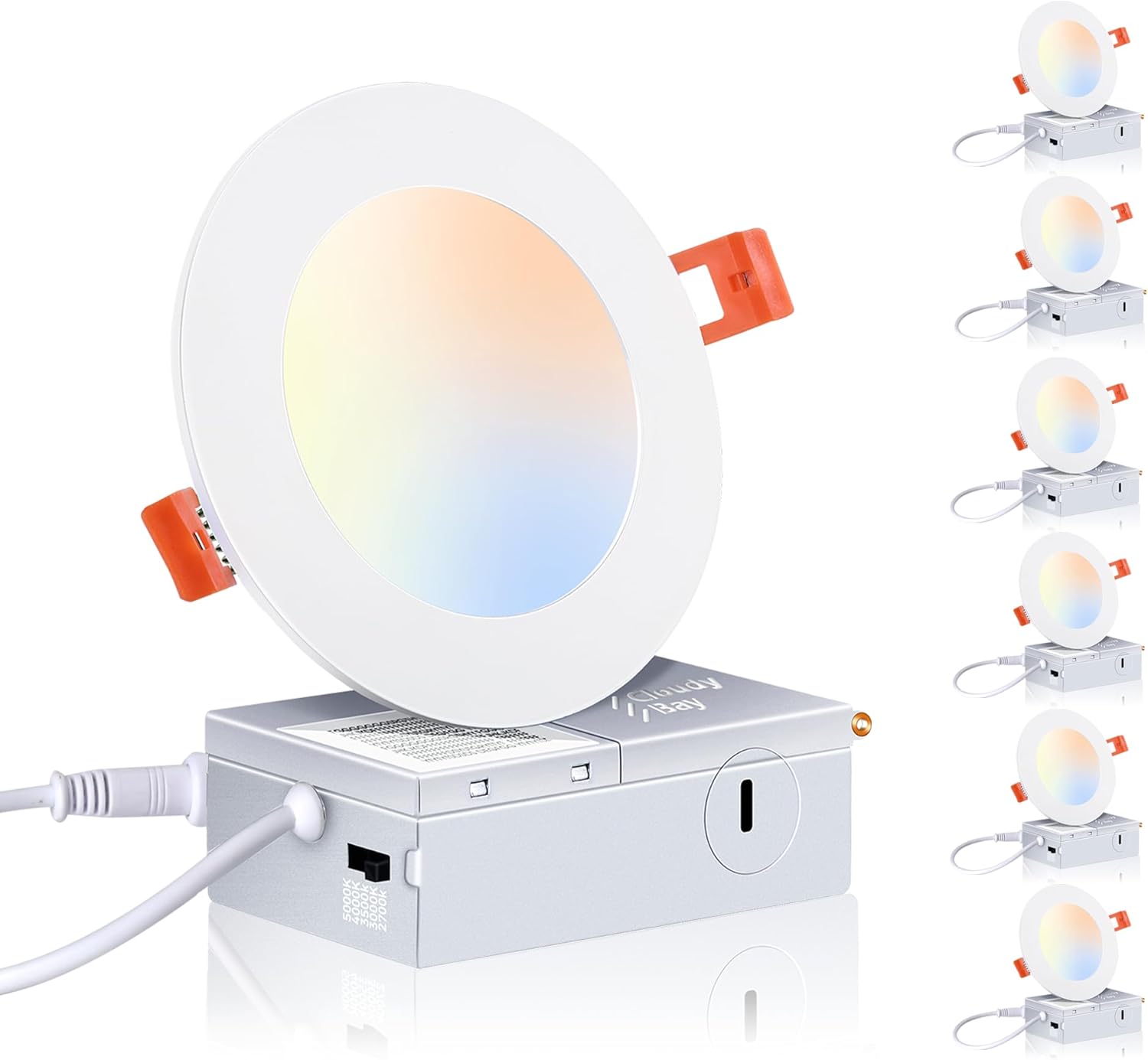 CLOUDY BAY 6 Pack 4 Inch 5CCT Ultra-Thin LED Recessed Ceiling Light with Junction Box,2700K/3000K/3500K/4000K/5000K Selectable,10W Dimmable Canless Wafer Downlight,White,650LM High Brightness
