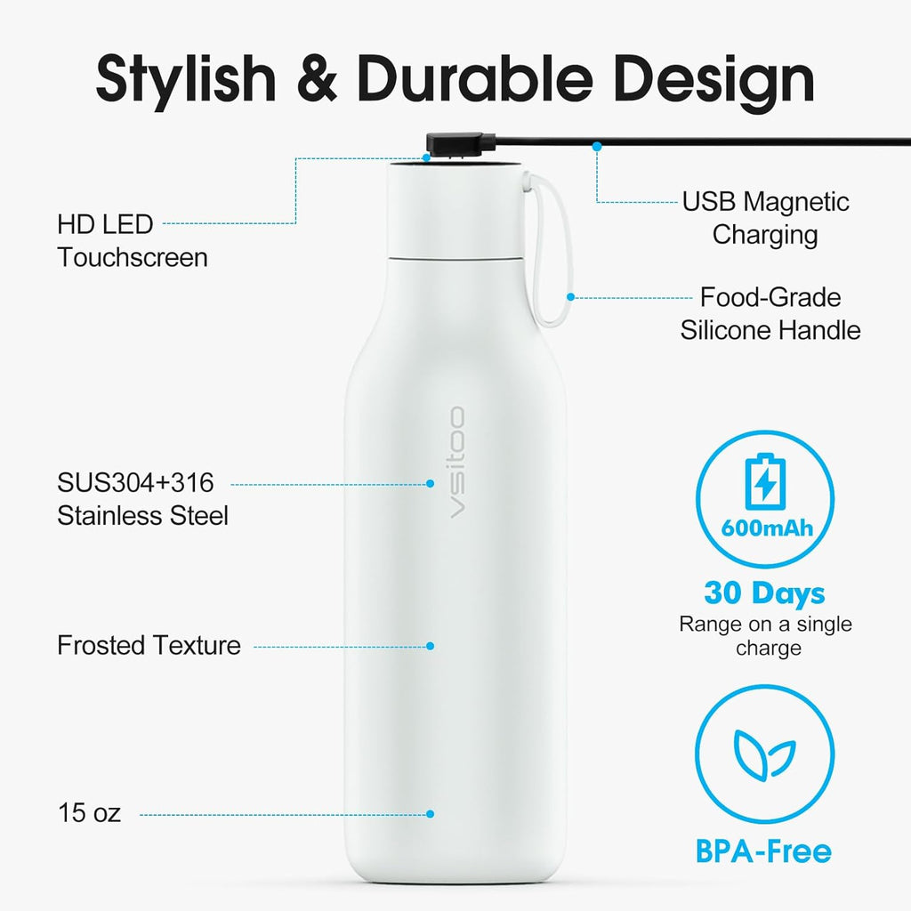 VSITOO 33oz Smart Self Cleaning Water Bottle，Insulated Water Bottle with Stainless Steel, BPA-Free, AI Self-Clean, 30-Day Battery, Magnetic Charging for Travel, Gym or Office, White