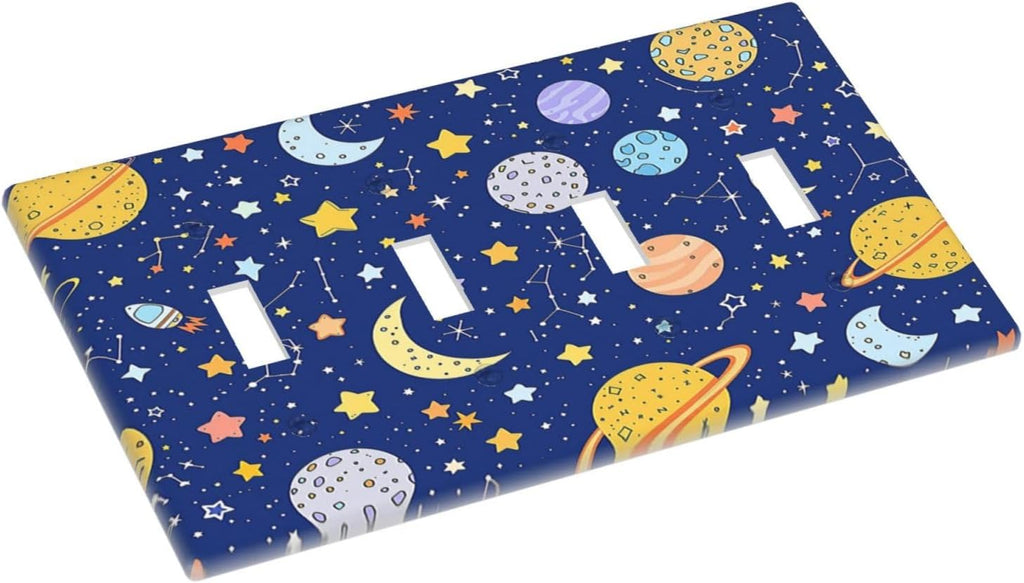 Stars Starry Night Sun Moon Planet Constellations Light Switch Covers Quad Toggle 4 Gang Wall Plate Decorative Switch Plates Electrical Faceplate for Bedroom Bathroom Decor