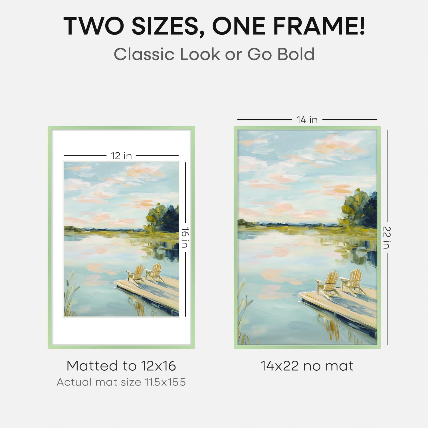 Homeforia 14x22 Picture Frame Sage Green, High End Metal 14x22 Poster Frames with Mat 12x16 inch Photo, 14 x 22 Sage Green Frame Matted to 12 by 16 Art, 22x14 Frame, Tempered Glass, Wall Kit, Set of 1