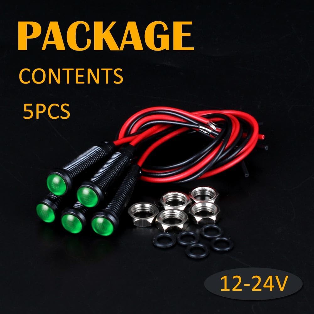 5pcs 6mm LED Indicator Light Plastic Black Signal Dot Lamp 12V-24V 1/4" Mounting Hole Size with 15cm/5.9in. Wire (Green LED)