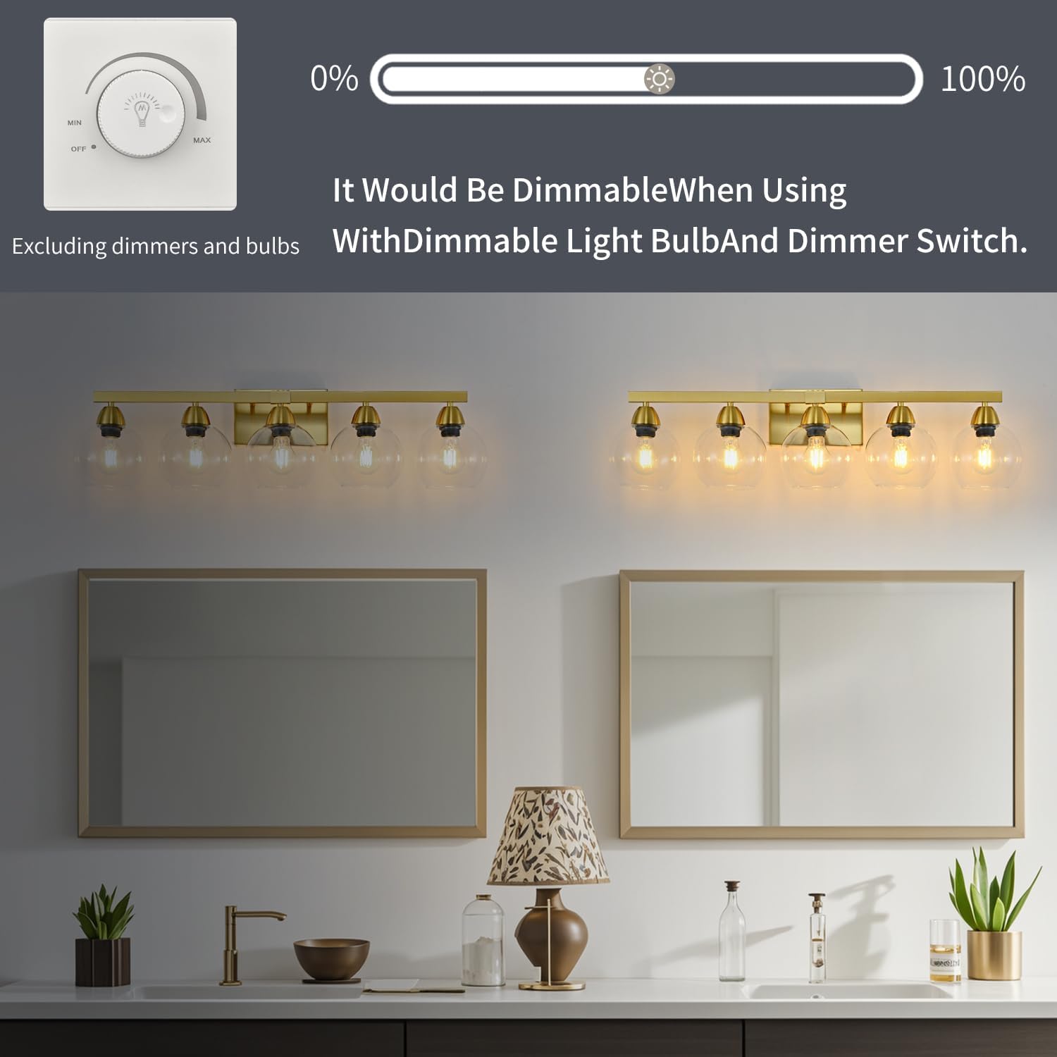 5-Light Bathroom Light Fixtures, Gold Vanity Light with Ultra-Clear Hand-Blown Glass, Durable & Scratch-Resistant, Wall Lamp for Mirror, Bedroom, Hallway