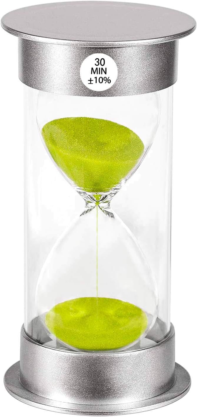 Sand Timer 30 Minute Hourglass Timer, Silver Plastic Sand Clock 30 minutes, Silver Sand Watch 30 Min, Hour Glass Sandglass Timer for Kids, Games, Classroom, Kitchen, Decorative (30 Min, Green Sand)