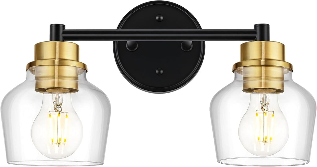 Emak Farmhouse 2-Light Bathroom Light Fixtures, Modern Black and Gold Vanity Lights with Clear Glass Shade for Bathroom, Mirror, VL122-BKBGD-CG-2