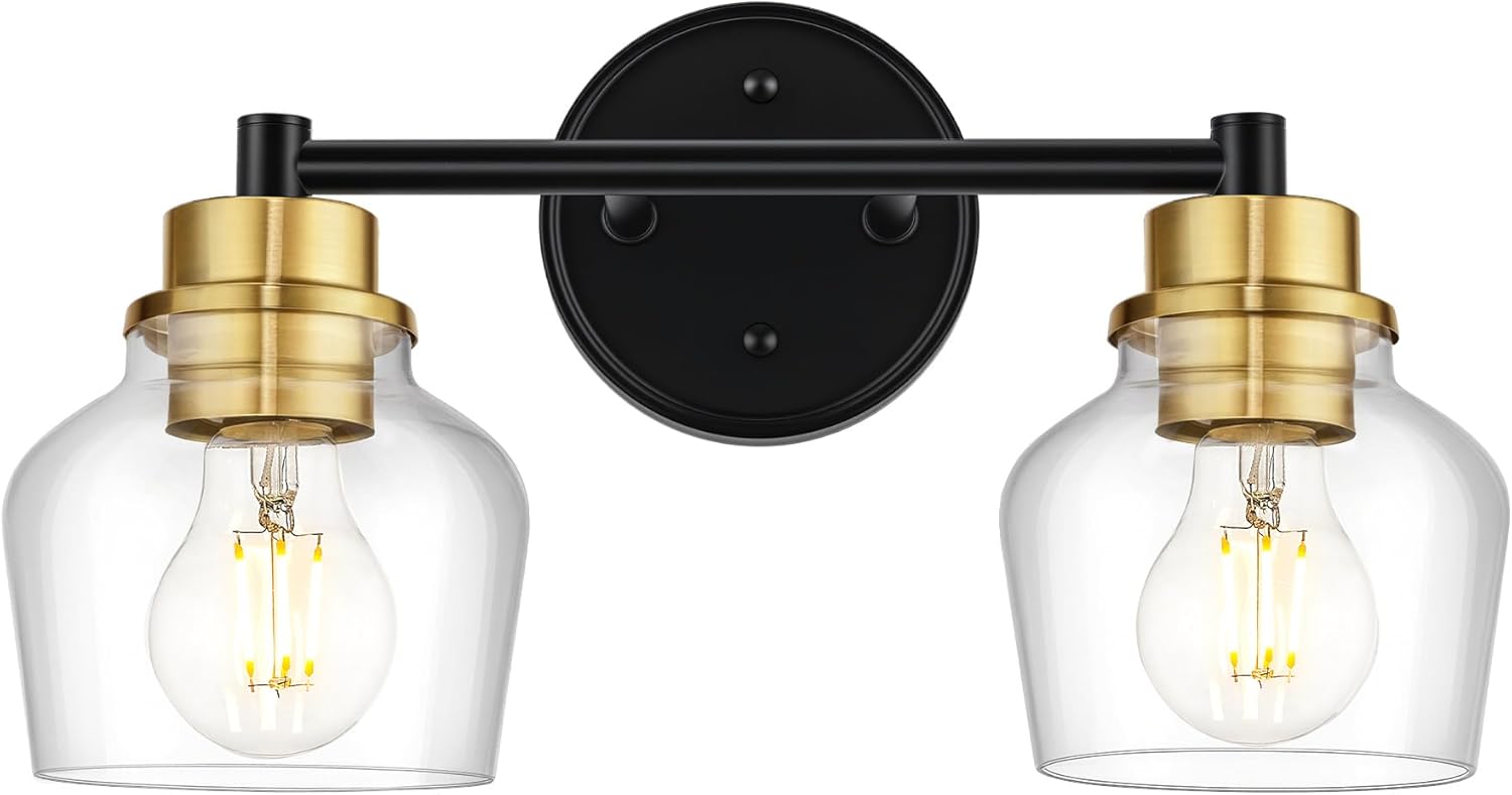 Emak Farmhouse 2-Light Bathroom Light Fixtures, Modern Black and Gold Vanity Lights with Clear Glass Shade for Bathroom, Mirror, VL122-BKBGD-CG-2