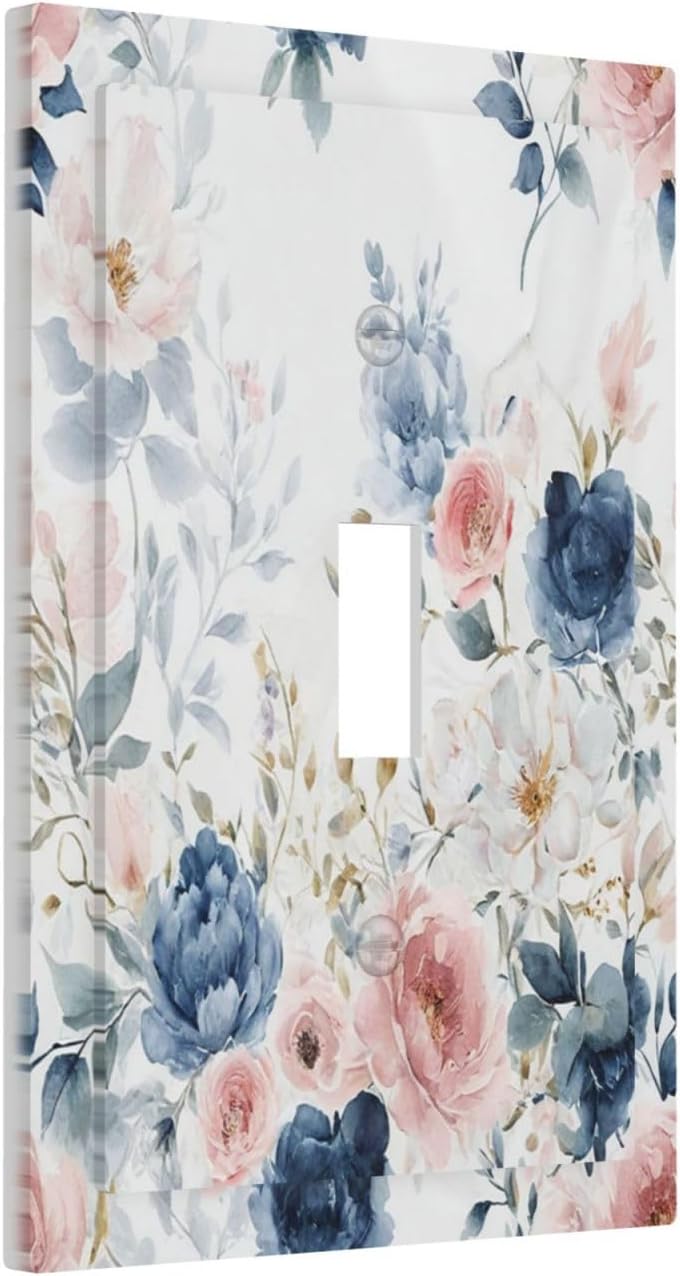 Elegant Watercolor Pink Blue Flowers Floral Single Toggle Light Switch Cover plate Outlet Cover Decorative Switchplate Wall Plates Electrical Panel Cover for Bathroom Living Room 5 X 3 IN