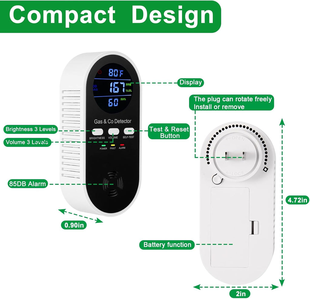 5-in-1 Carbon Monoxide Detector & Natural Gas Leak Alarm,AC-Plug-in CO Alarm & Explosive Gas Detector Battery Backup with Temperature(°F) & Humidity,Three Levels Volume & Brightness for Home,RV,Hotel