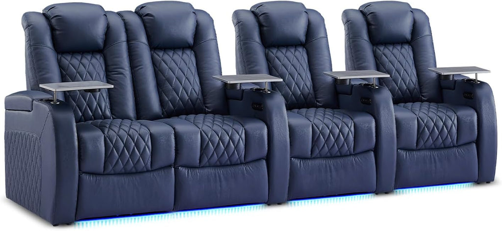 Weilianda Home Theater Seating Top Grain Leather Zero Gravity Recliner Chair Power Headrest Recline Movie Seat Gaming 7 Colors Mood Light Sofa with Tray Table USB Charge Row of 4 Loveseat Left Blue